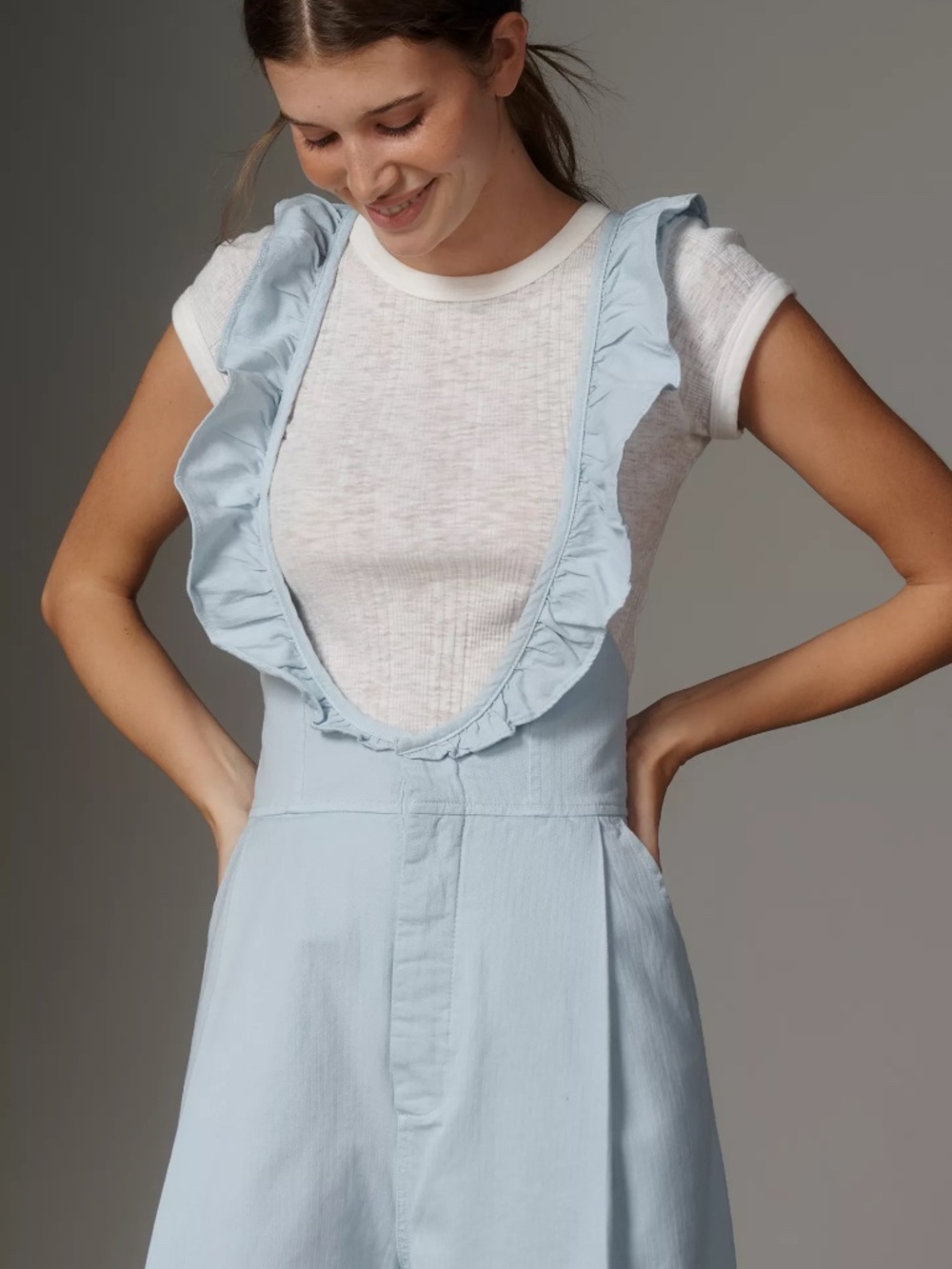 Anthropologie Eyelet Washed Overalls Light Blue Cotton Wide-Leg Jumpsuit NWT - Picture 2 of 4